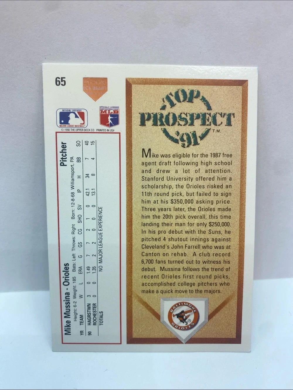 1991 Upper Deck Mike Mussina Orioles Top Prospect #65 In Person Autograph (088)